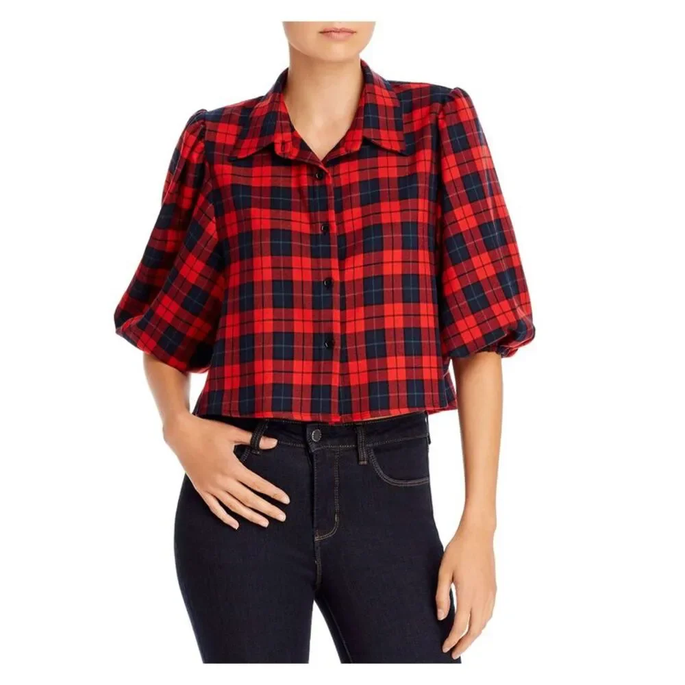 AQUA Womens Red Button Windowpane Plaid Pouf Collared Top Size: M